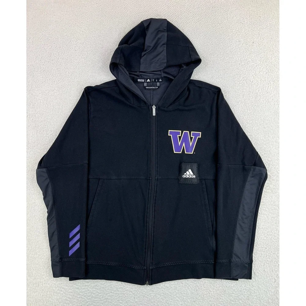 Washington Huskies Hoodie Sweatshirt Zip Up Mens XL Black NCAA Basketball Adidas
